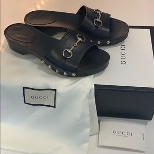 Like-new Gucci Black Wood and Leather Clog Slides